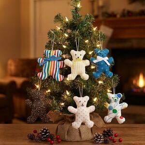 Vintage 80s Handmade Mini Flat Teddy Bears Plush 6 pc Hand Sewn Crafty Ornaments